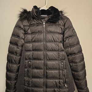 Nautica Women's Black Puffer Jacket with Faux Fur Trim